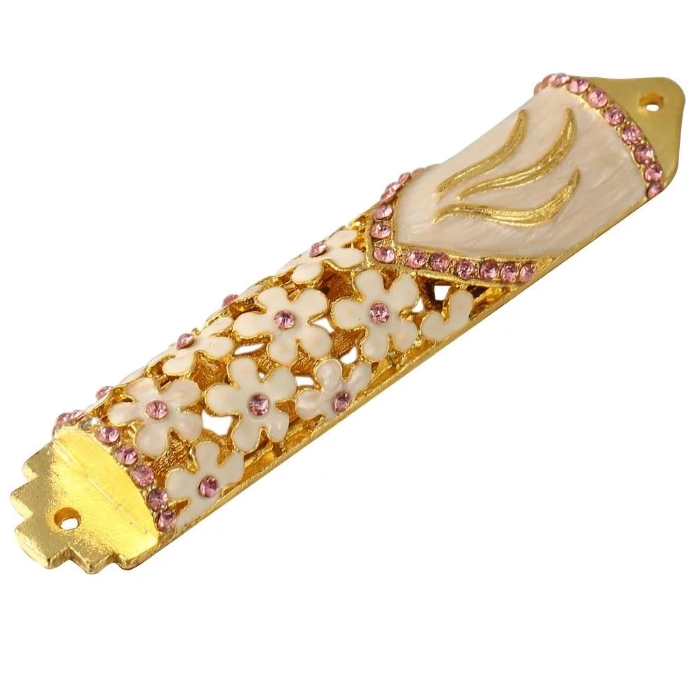 Hand Painted Enamel Mezuzah with Gold Accents and Purple Crystals J1783