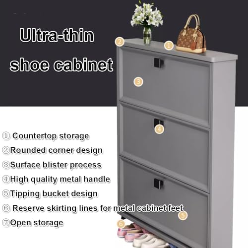 Gray Slim Shoe Cabinet with 3 Flip Drawers J158