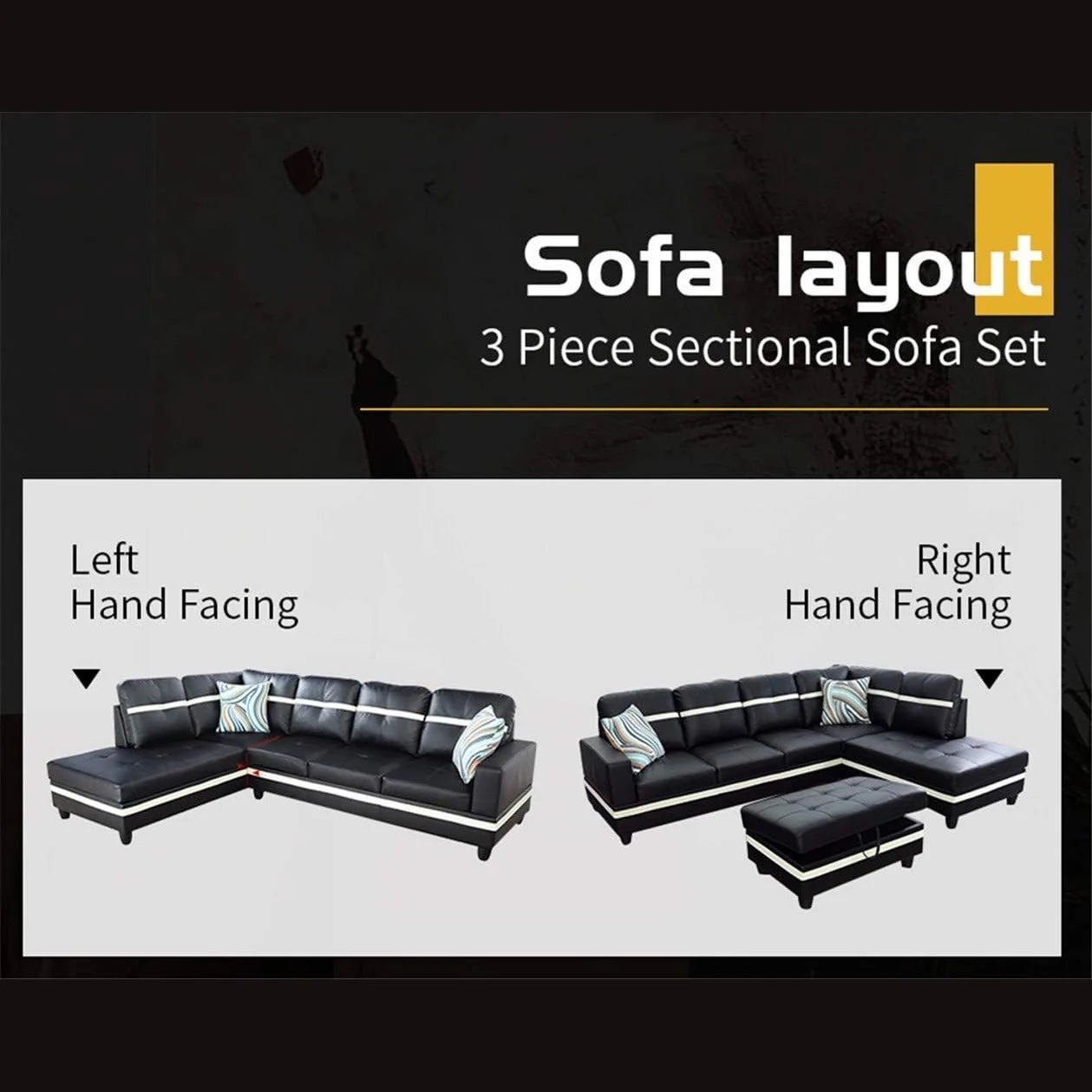 Black Leather 3-Piece L-Shaped Sectional Sofa Set with Ottoman Y3713