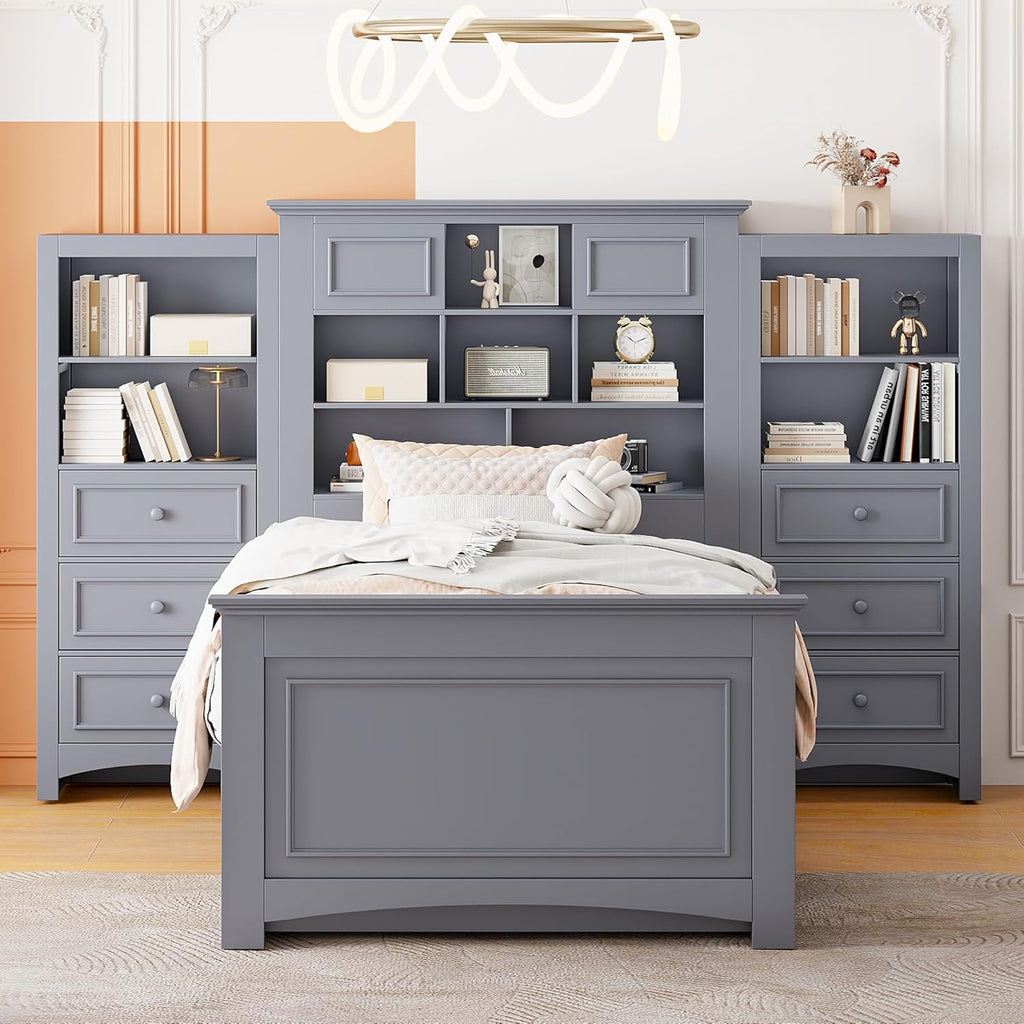 Gray Twin Size Wood Platform Bed Frame with Bookcase Headboard and 4 Drawers N968529