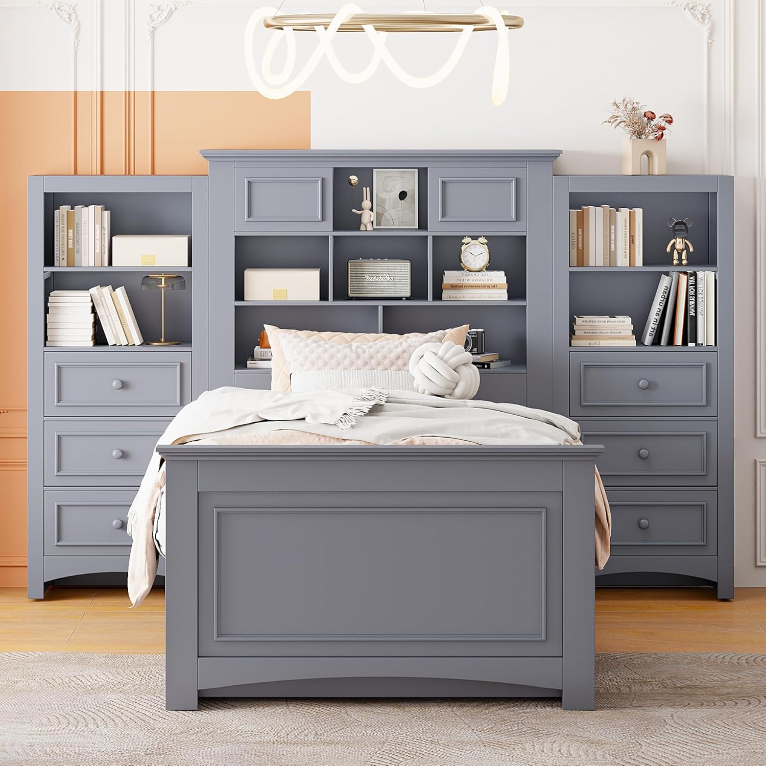 Gray Twin Size Wood Platform Bed Frame with Bookcase Headboard and 4 Drawers N968529