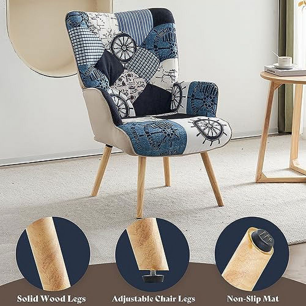 Grey Plaid Upholstered Armchair with Wooden Base V3686