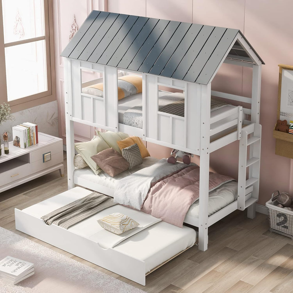 White Twin Over Twin Wood Bunk Beds with Trundle Q882589