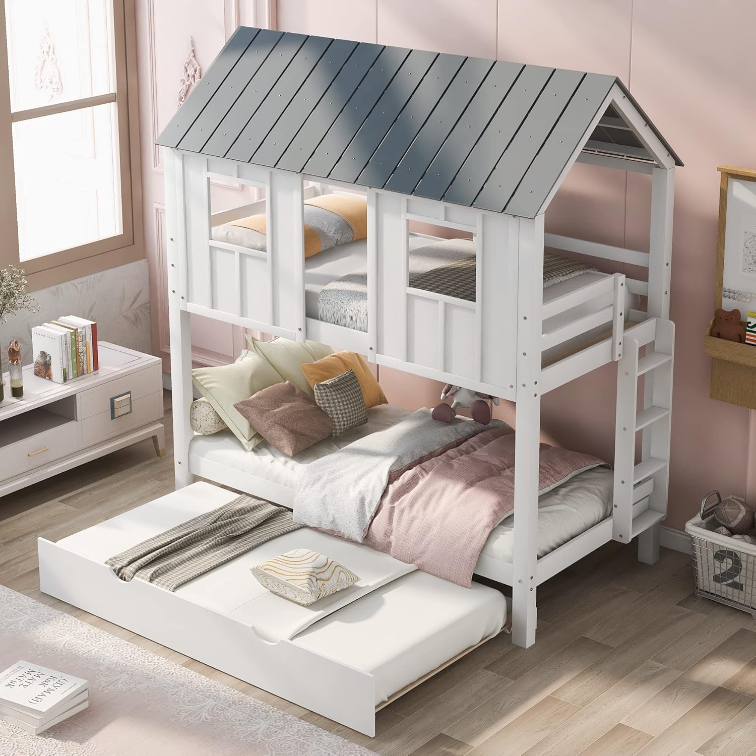 White Twin Over Twin Wood Bunk Beds with Trundle Q882589