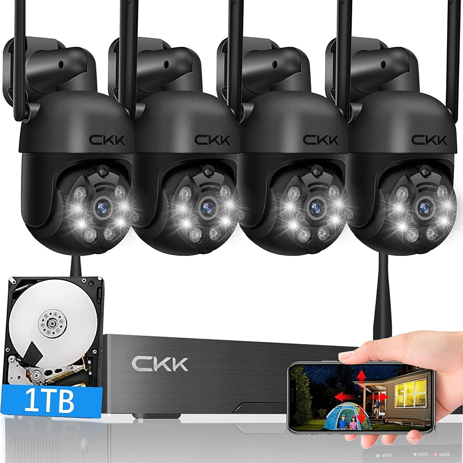Wireless Security Camera System with 1TB HDD, Dome PTZ Cameras and Bullet Cameras, 8 Channel WiFi Surveillance NVR System with Floodlights & Siren Alarm, 2 Way Audio L37902