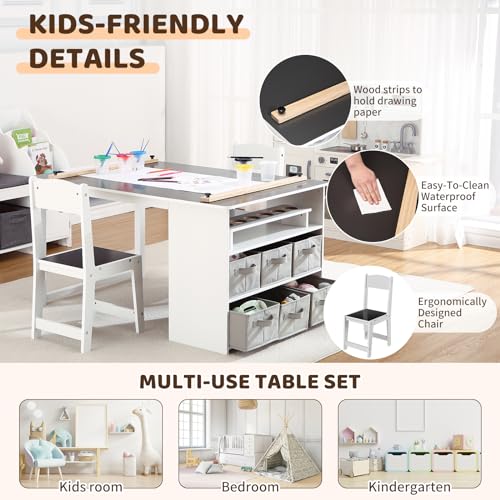 Kids Art Table and Chairs Set with Storage Desk and Art Supply Organizer W564409