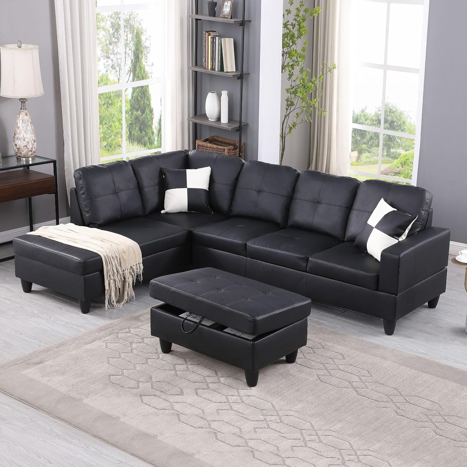 Black Faux Leather 3 Piece L Shape Sectional Sofa Set with Storage Ottoman G8817