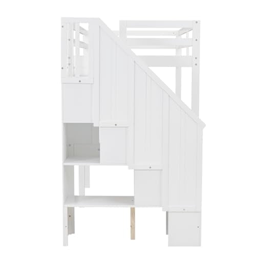 White Twin Size Wood Loft Bed with Stairs and Desks F6679