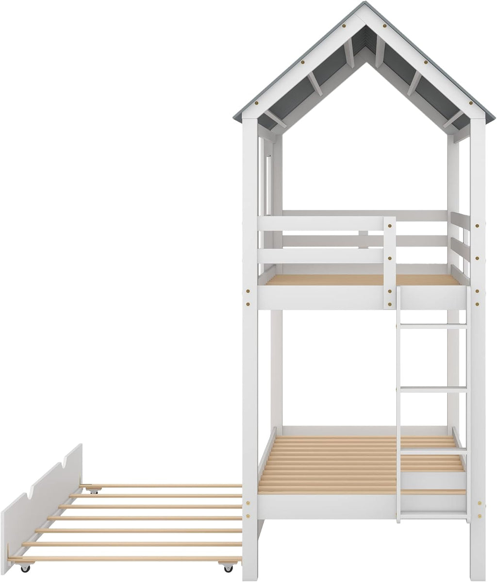 White Twin Over Twin Wood Bunk Beds with Trundle Q882589