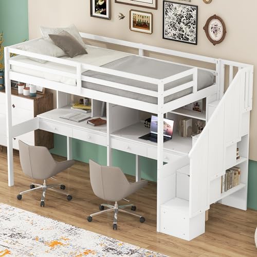 White Twin Size Wood Loft Bed with Stairs and Desks F6679