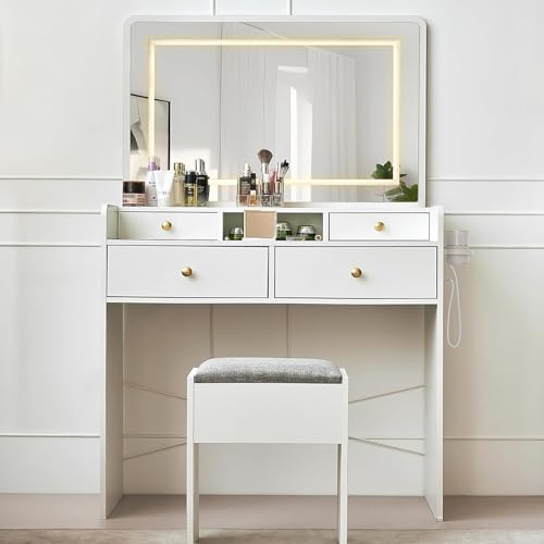 White Vanity Desk with Mirror and Lights, Drawers, Storage Stool, 41" Mirror H794693