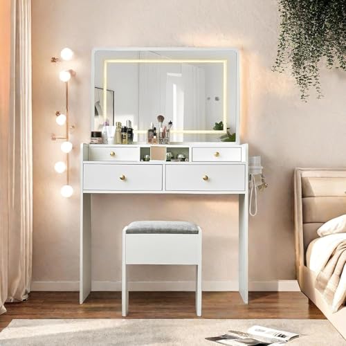 White Vanity Desk with Mirror and Lights, Drawers, Storage Stool, 41" Mirror H794693