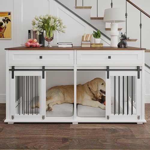 Brown White Dog Crate Furniture for 2 Dogs with Sliding Barn Door G787