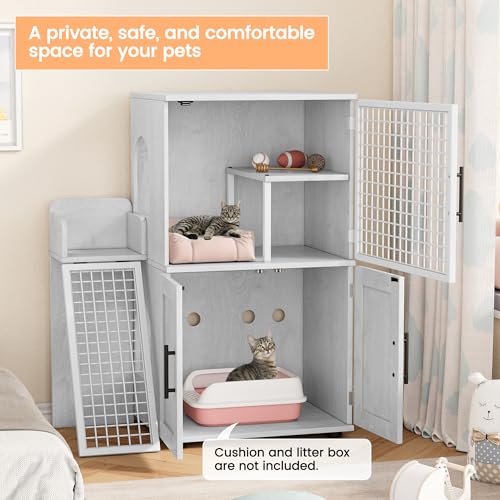 Cat Litter Box Enclosure with Platform, Double Layer, 33.5" L x 17.9" W x 41.9" H, Wax Wood E700054