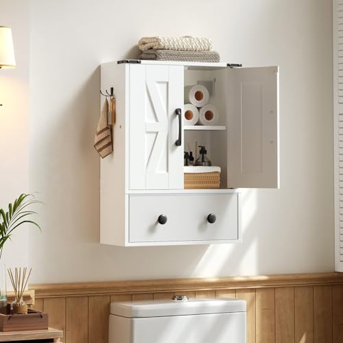White Double-Door Wall Mounted Bathroom Cabinet with Fabric Drawer H7088