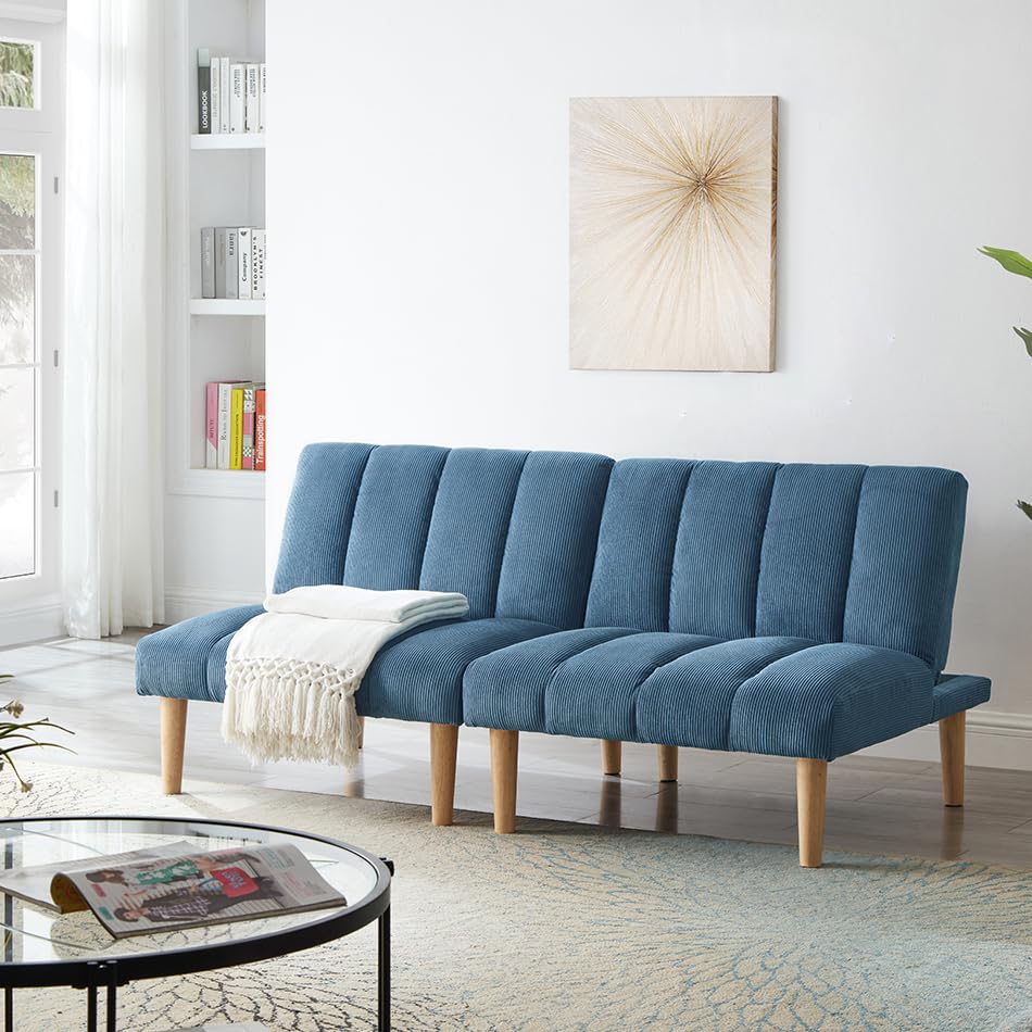 Blue Corduroy Convertible Folding Sleeper Loveseat Sofa A117948
