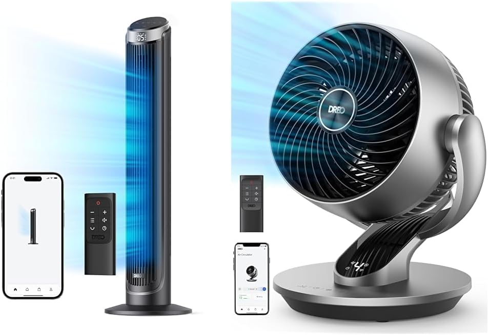 90° Oscillating Quiet Bladeless Tower Fan and 13" Table Fan Bundle with Remote K352