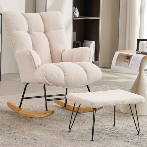White Teddy Upholstered Glider Rocker with Ottoman E398802