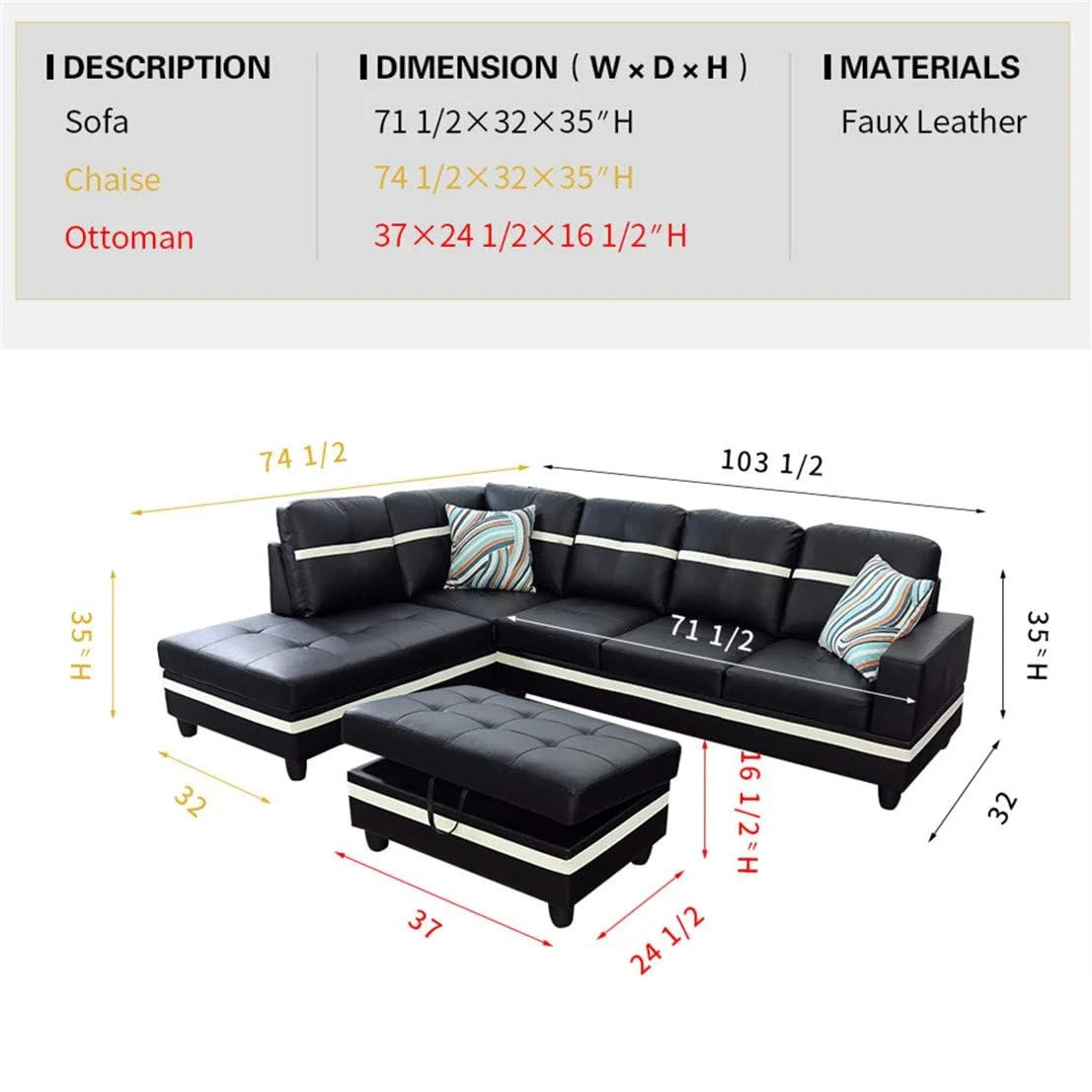 Black Leather 3-Piece L-Shaped Sectional Sofa Set with Ottoman Y3713