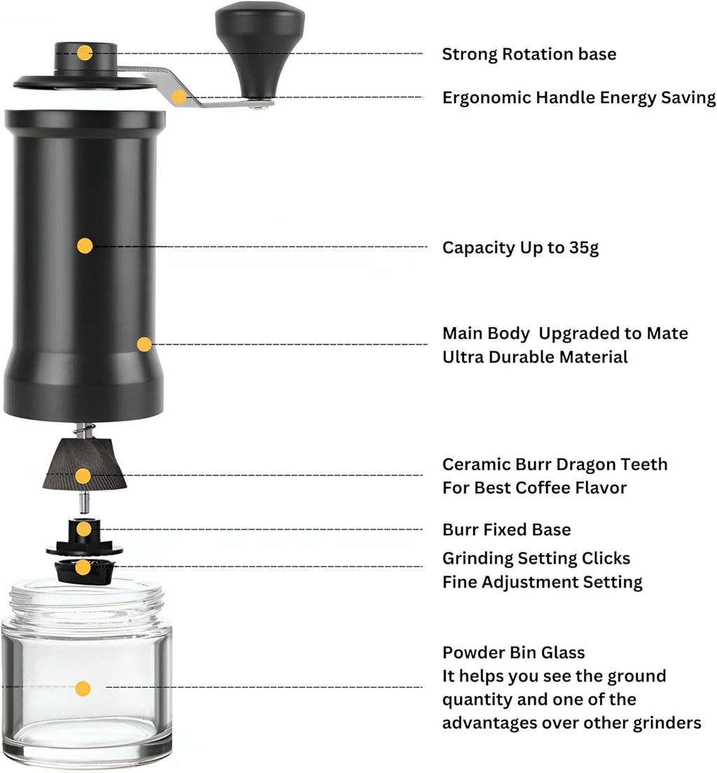Adjustable Manual Coffee Grinder with Ceramic Burr Hand Crank Mill Black A3151