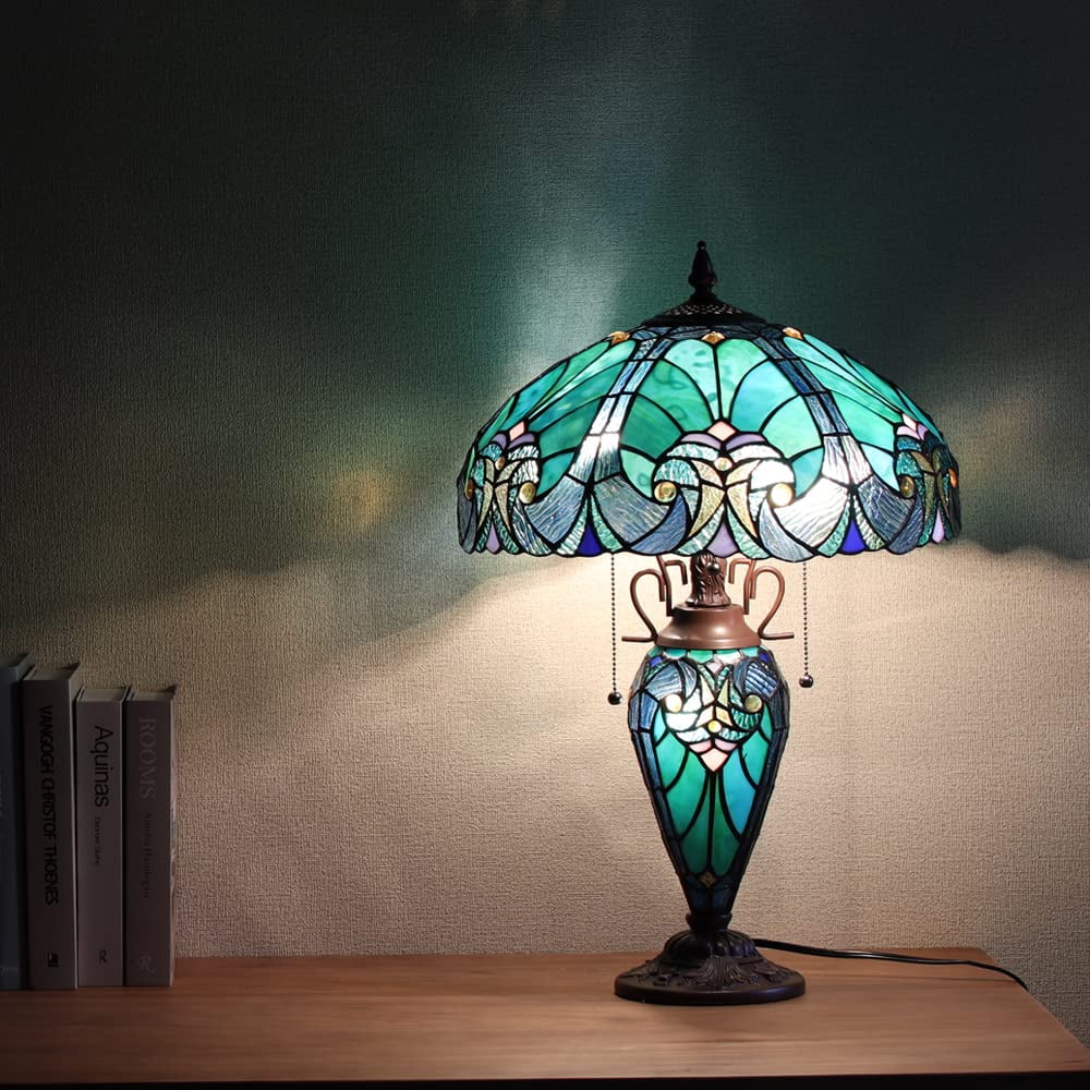 Tiffany Table Lamp 16" Wide Handmade Stained Glass Lamp Shade 3 Light Sea Green Z45724
