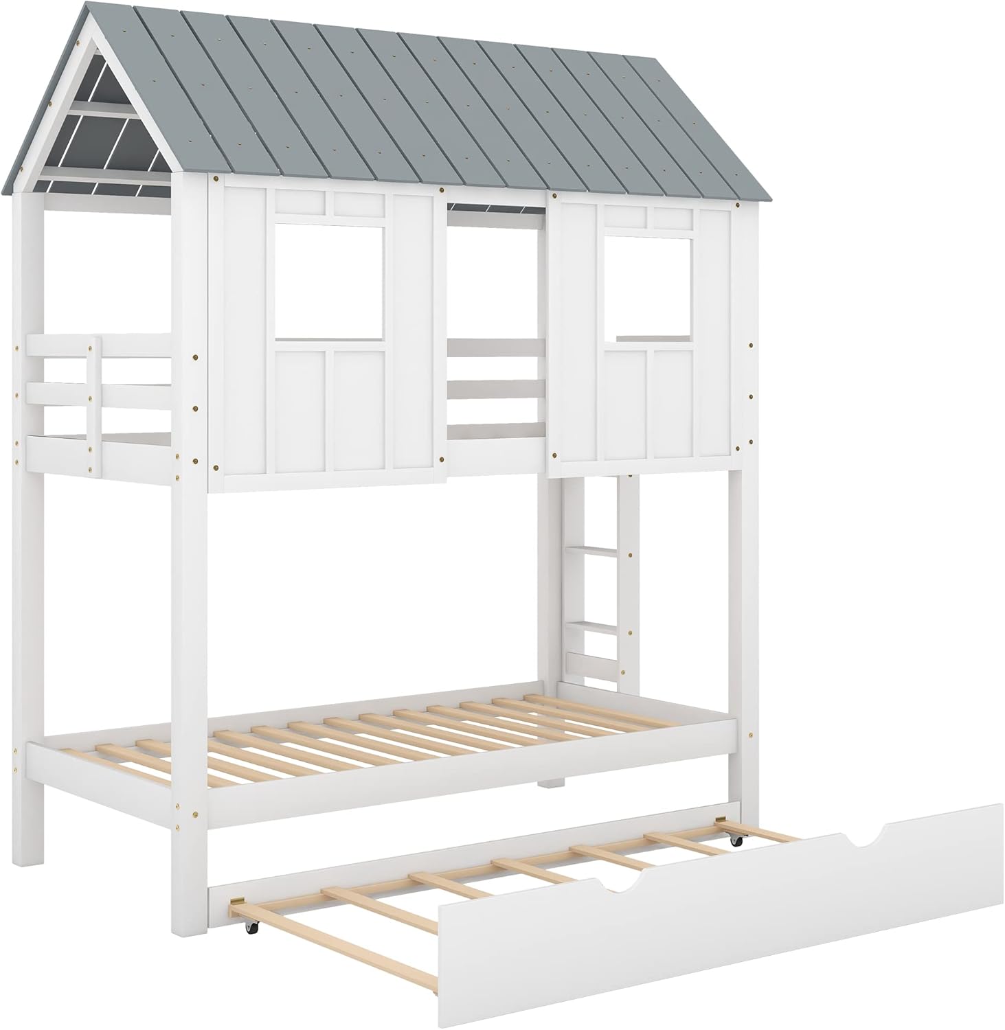 White Twin Over Twin Wood Bunk Beds with Trundle Q882589