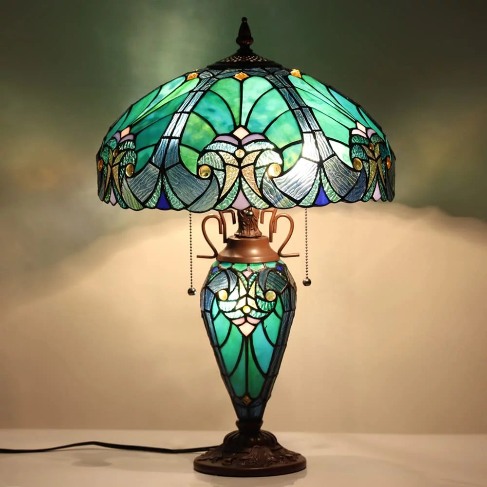 Tiffany Table Lamp 16" Wide Handmade Stained Glass Lamp Shade 3 Light Sea Green Z45724