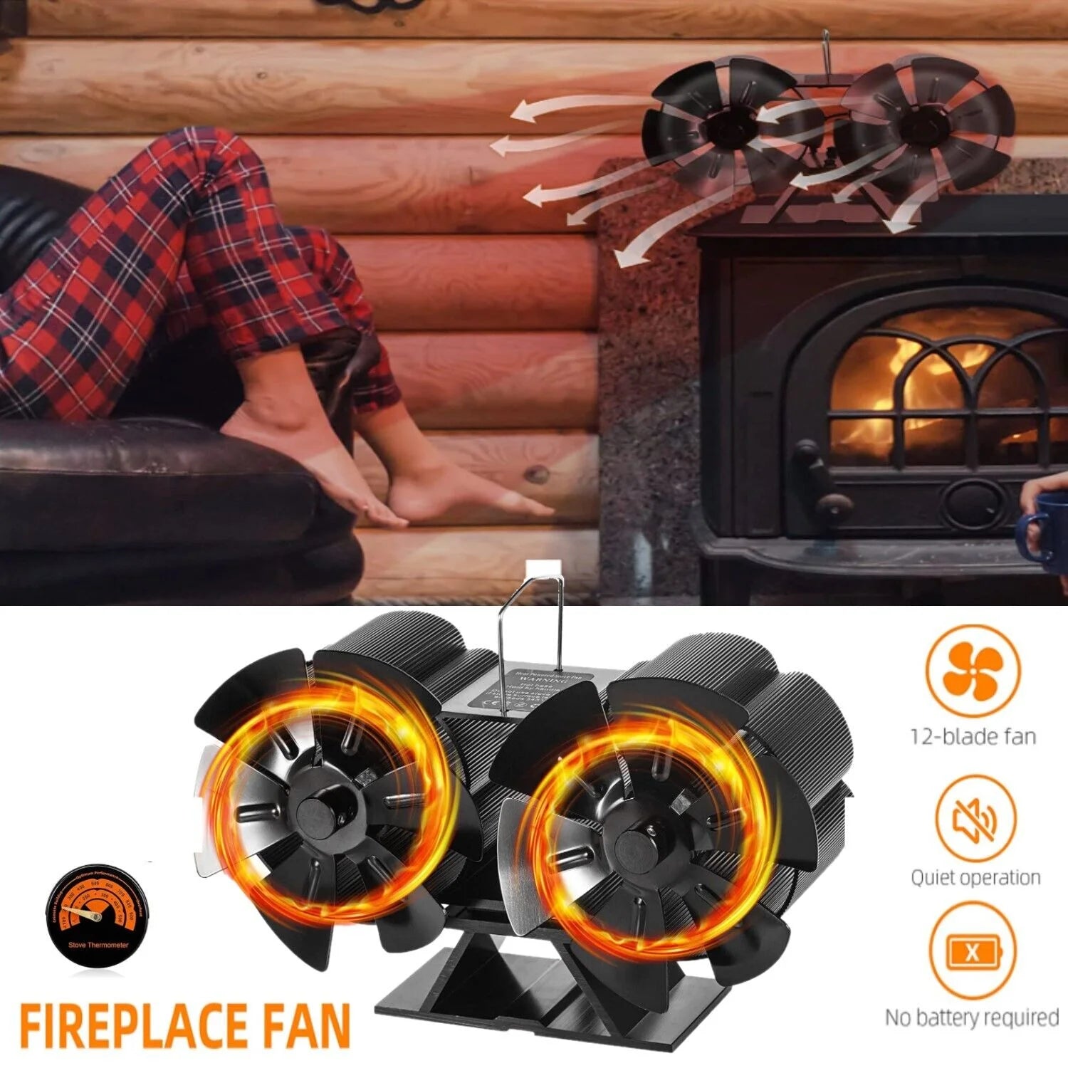 12-Blade Dual Head Heat Powered Wood Stove Fan with Magnetic Thermometer K8582