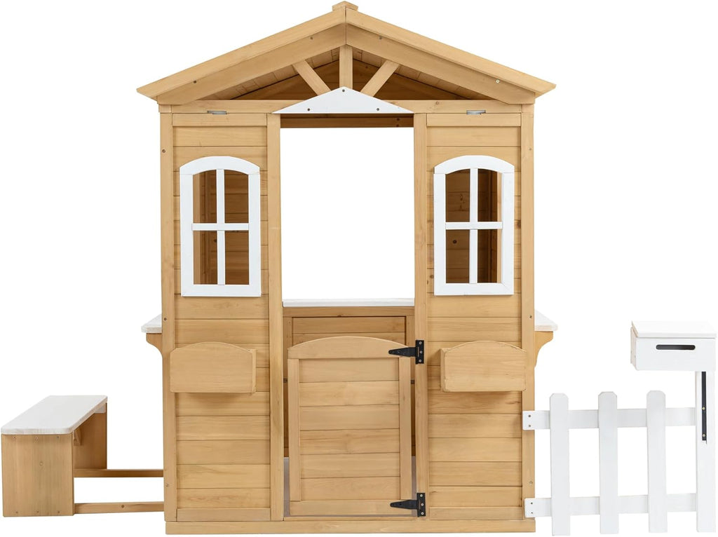 Natural Wooden Playhouse with Working Door, Windows, Mailbox, Bench, Flowers Pot Holder J857