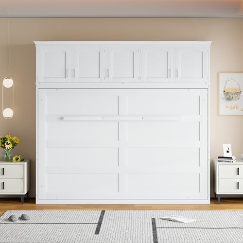 White Solid Wood Queen Murphy Bed with Cabinets Y775