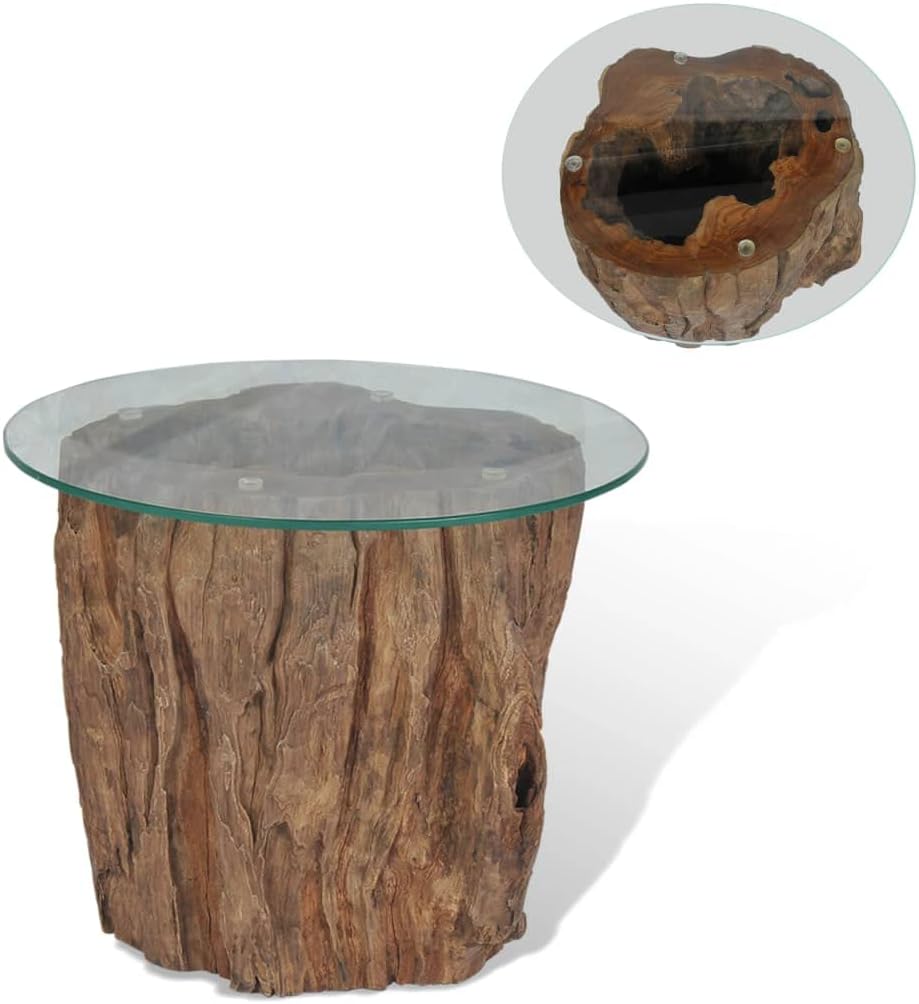 Teak Tree Stump Coffee Table with Tempered Glass Top P15897