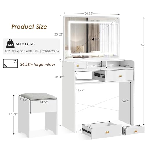 White Vanity Desk with Mirror and Lights, Drawers, Storage Stool, 41" Mirror H794693