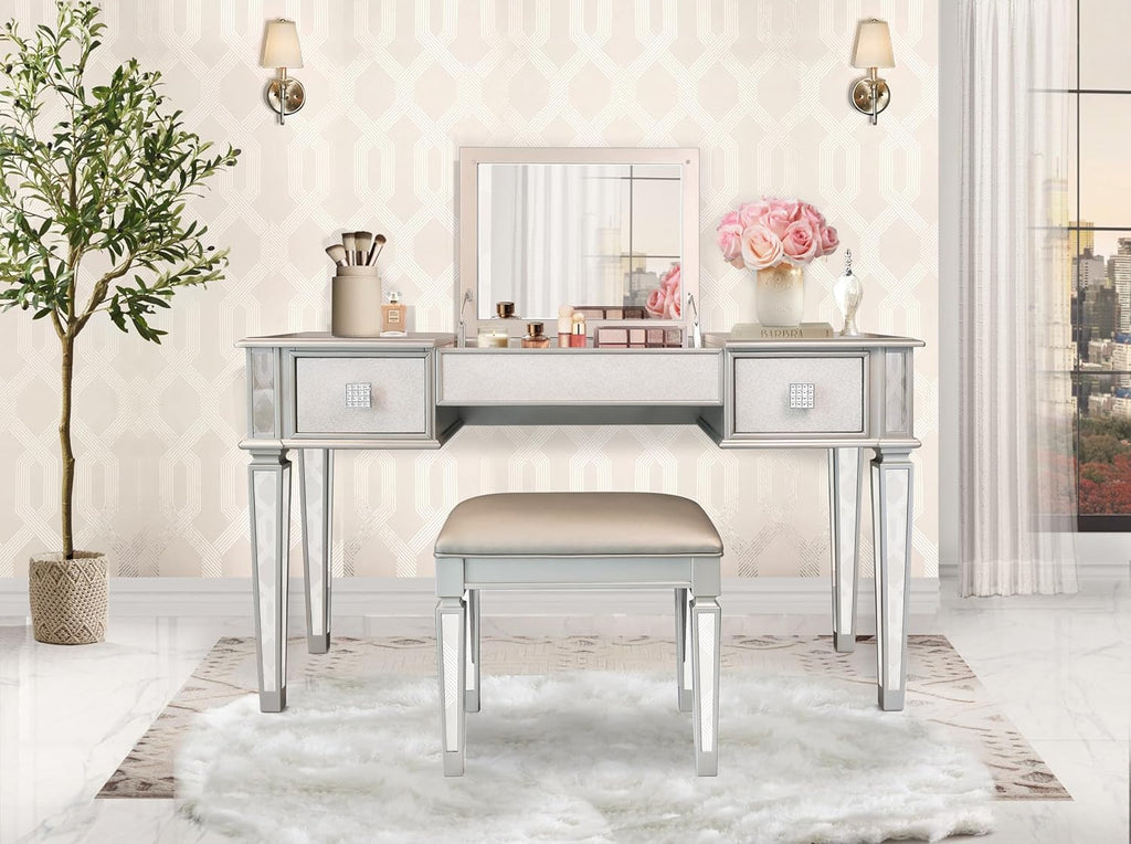Mirrored Vanity Desk with Drawers and Stool G54363