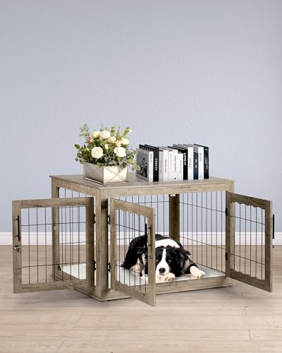 Greige Wooden Dog Crate with Bed Mat I7586