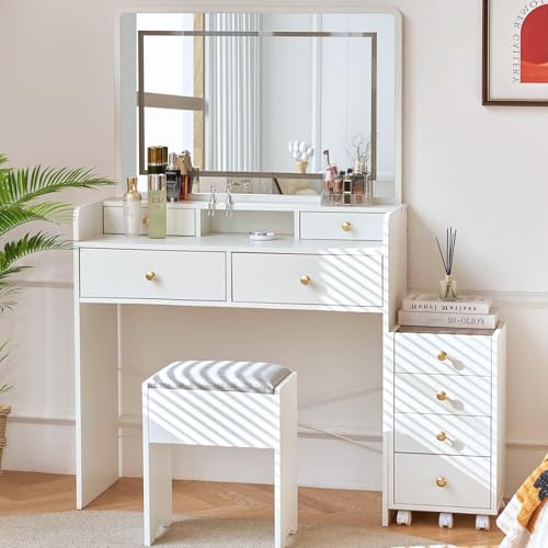 White Vanity Desk with Mirror and Lights, Drawers, Storage Stool, 41" Mirror H794693