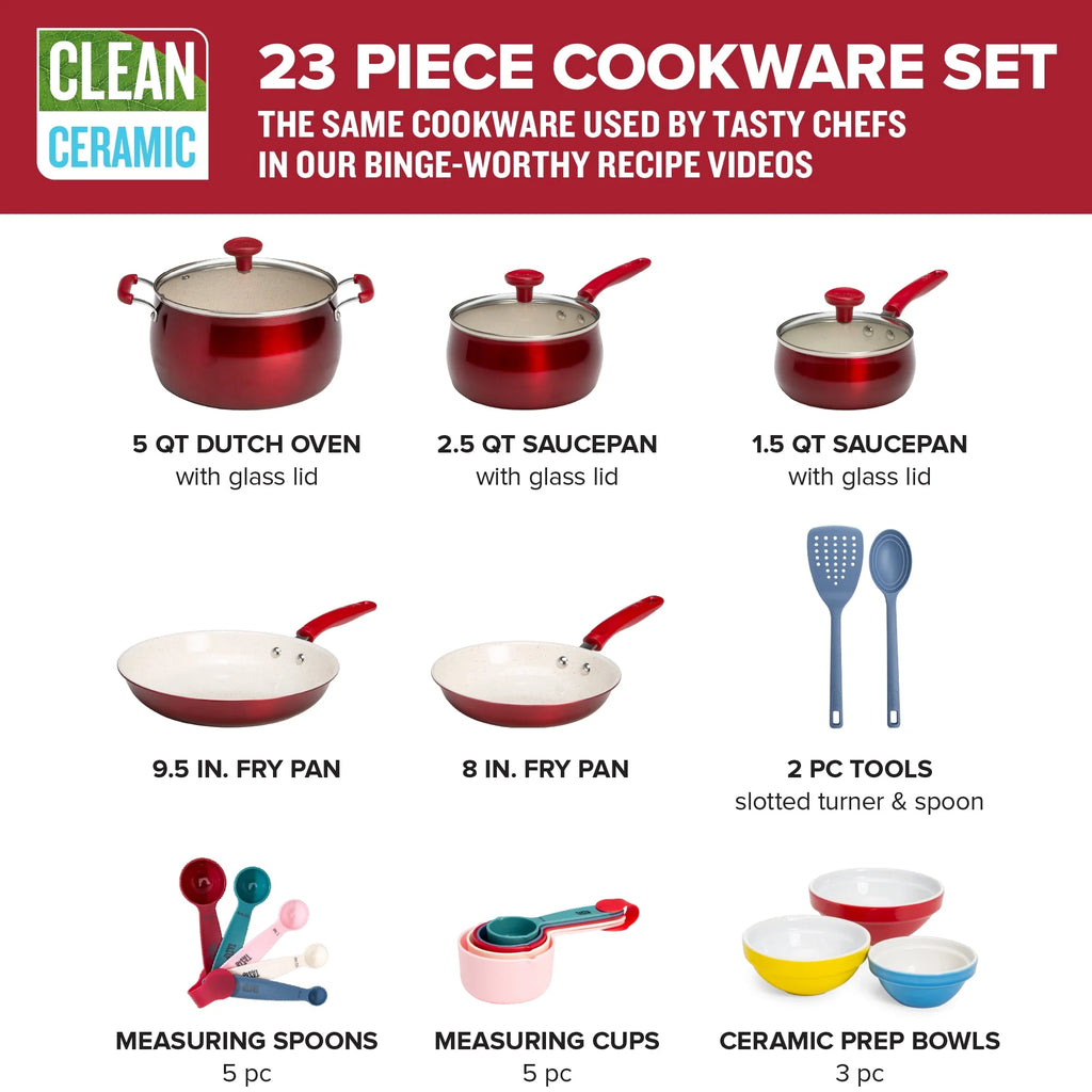 23 Piece Non-Stick Red Ceramic Aluminum Cookware Set W5168