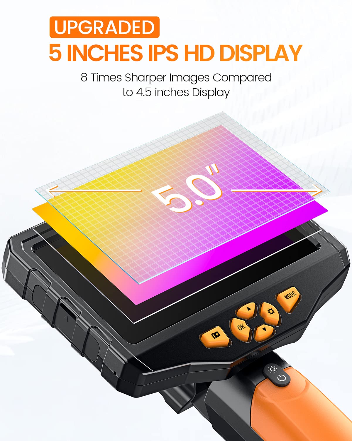 Dual Lens Inspection Camera with Light, 5 IPS Screen, 16.4ft Flexible Probe, 1080p T601041