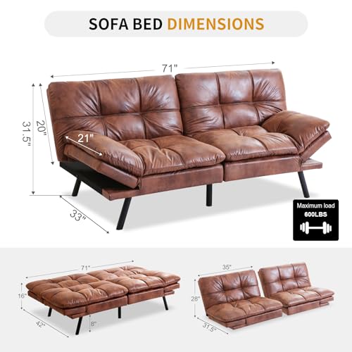 Faux Leather Futon Bed, Convertible Memory Foam Sofa Bed, 71" Sofas, Matte Black K3583