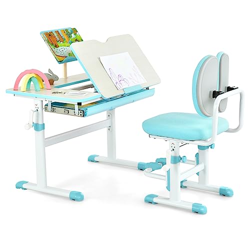 Pink Height-Adjustable Kids Desk and Chair Set with Tiltable Desktop D55147