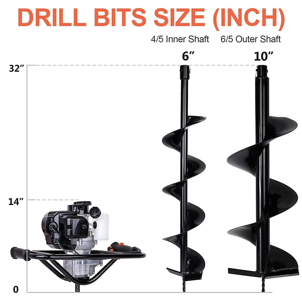 52cc 2.4HP Gas Powered Post Hole Digger with Two Earth Auger Drill Bit 6" & 10" S447