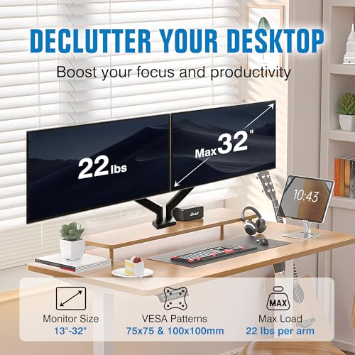 Dual Monitor Stand for 13 to 32 Inch Screen, Dual Monitor Arm Desk Mount Max 22 lbs Each Arm, VESA 75x75 100x100 W137234