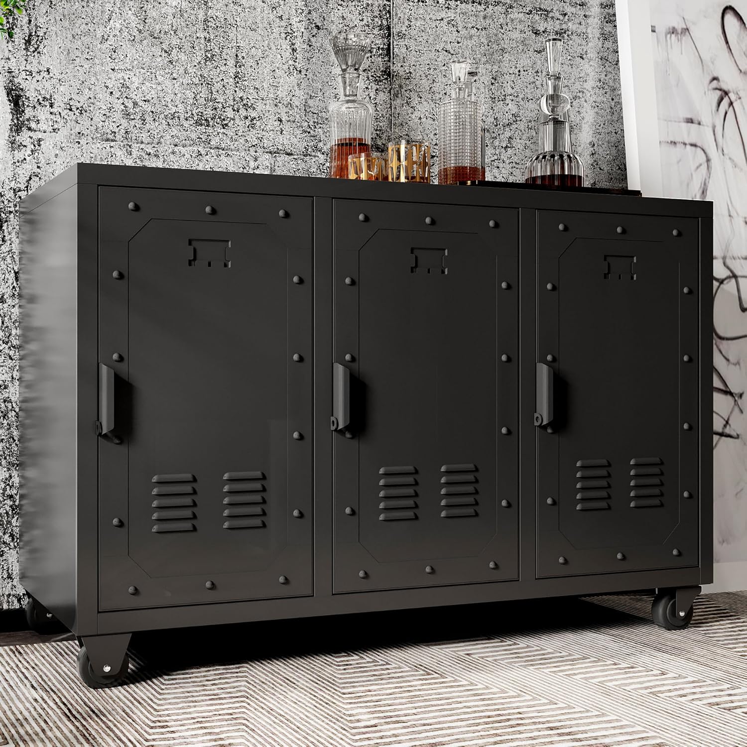 Metal Storage Cabinet with Wheels, 3 Doors L424