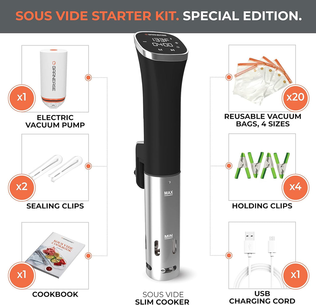 Sous Vide Immersion Circulator 1000W with 20 Reusable Vacuum Bags, Electric Pump, Clips, Cookbook N90630