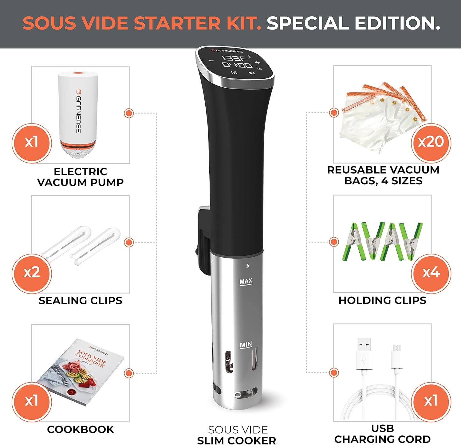 Sous Vide Immersion Circulator 1000W with 20 Reusable Vacuum Bags, Electric Pump, Clips, Cookbook N90630