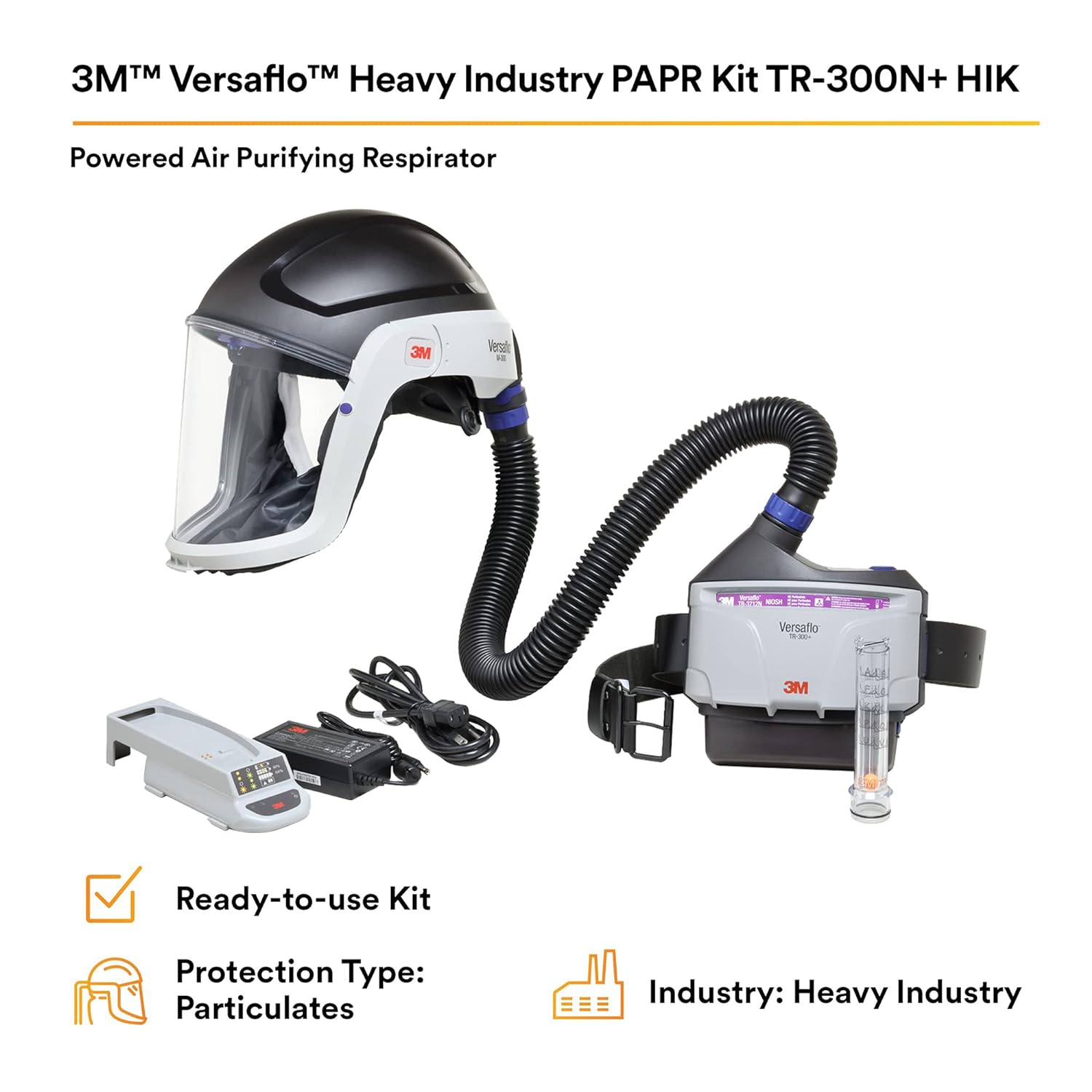 3M PAPR Respirator, Versaflo Powered Air Purifying Respirator Kit, TR-300N+ HIK, Heavy Industry, Hard Hat Assembly, All-in-One Respiratory Protection for Particulates, NIOSH Approved, Grinding P32052