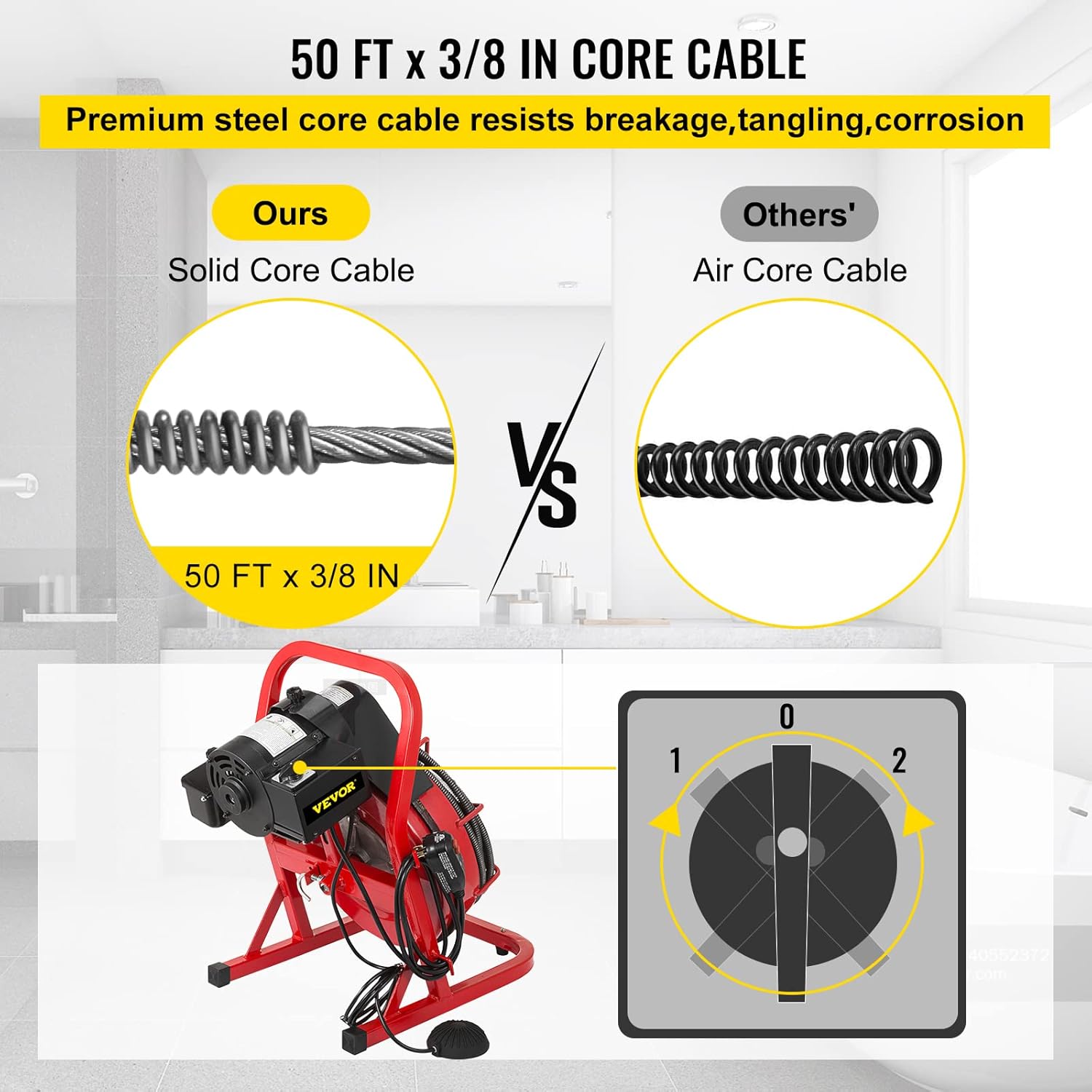 50 Ft x 3/8 Inch Portable Drain Cleaner with 8 Auger Bits I6026