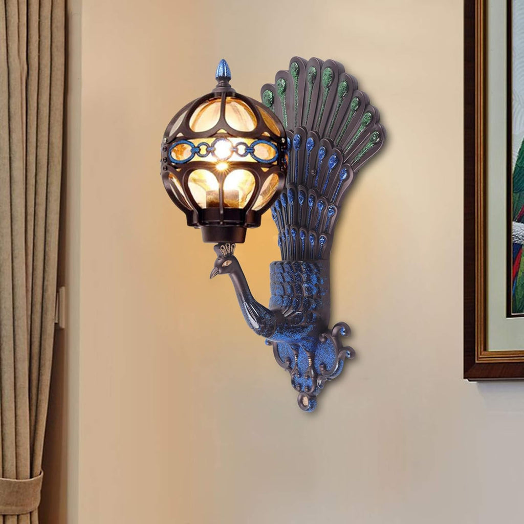 Peacock Wall Light Sconces, Metal and Glass Stained Wall Lamp, LED Antique Wall Mounted Lamp, E27 M72686