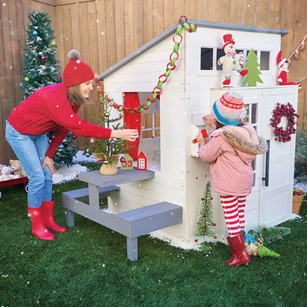 White Wooden Playhouse with Picnic Table, Mailbox & Outdoor Grill R190105