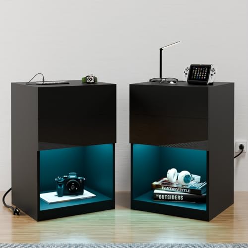 Set of 2 White LED Nightstand with Charging Station G271101