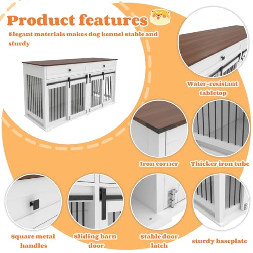 Brown White Dog Crate Furniture for 2 Dogs with Sliding Barn Door G787